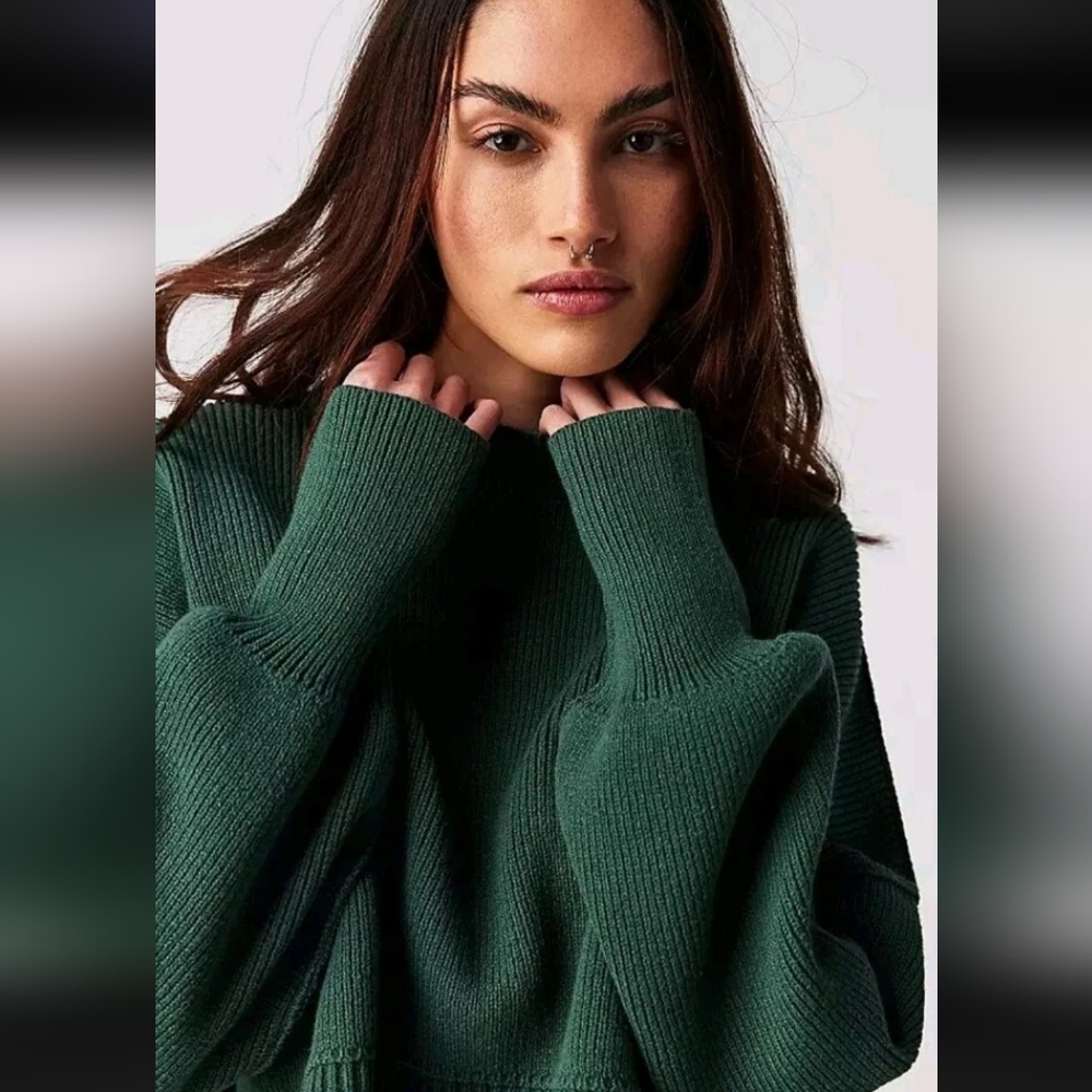 Free People Easy Street Crop Sweater Hunter Green Small - Picture 2 of 13